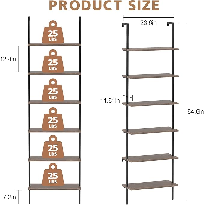 Wolawu Ladder Shelf Black 6 Tiers Modern Bookshelf Room Organizer Open Tall Wall Mount Bookcase Standing Leaning Wall Shelves Industrial Decorative Living Room Bed Room (Brown)