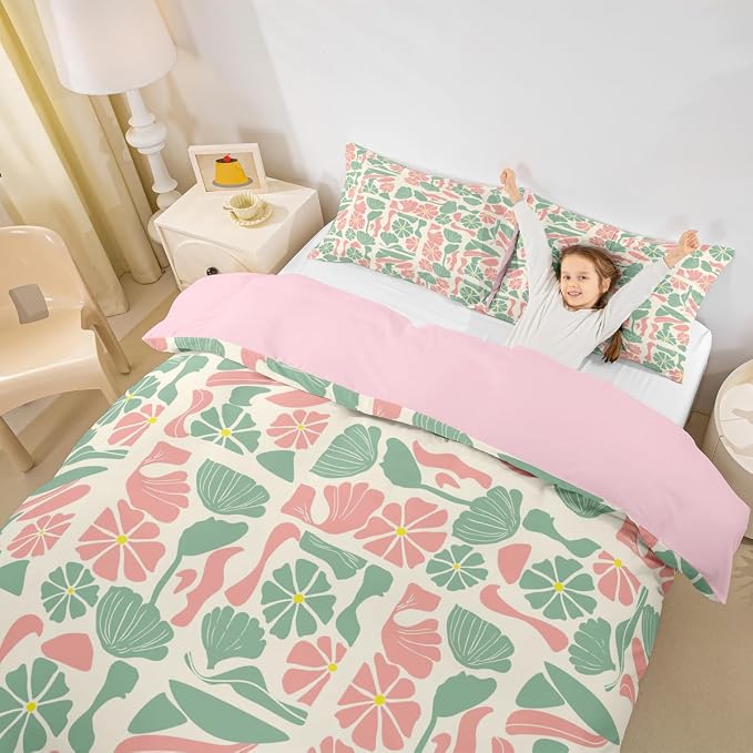 Erosebridal Retro Abstract Boho Floral Toddler Bedding Set Mid Century Modern Duvet Cover Pink Green Flower Patchwork Geometric Comforter Cover for Kids Adults,Vintage Retro Botanical Bed Set