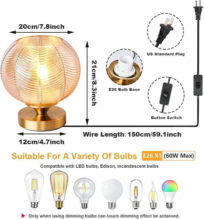 Mid-Century Modern Glass Table Lamp 3 Brightness Levels Dimmable Touch Control Desk Lights with Plug in Cord On/Off Switch, Globe Decor Nightstand Lamps for Bedroom Living Room Office (Amber)