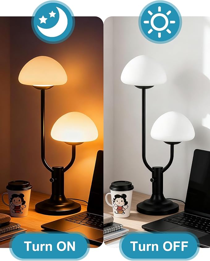 Lightdot Mushroom Table Lamp for Bedroom, Desk Bedside Small Lamps for Living Room Night Stands, Cute Modern Mid Century Lamps Dimmable with 2 LED Bulbs, Unique Aesthetic Home Decor-Black