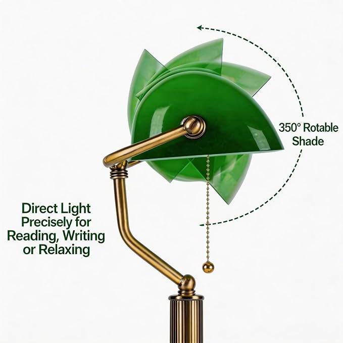 Vintage Bankers Lamp, Green Glass with Antique Brass Finish, USB & Type-C Charging Ports, Pull Chain Desk Lamp for Home Office, Piano, Library (Green)