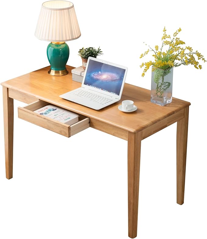 Solid Wood Desk with Drawer, Wooden Home Office Desk for Work, Student Computer Desk for Small Spaces, Gaming Study PC Desk for Bedroom, Easy to Assemble (Teak Color 39 inch)
