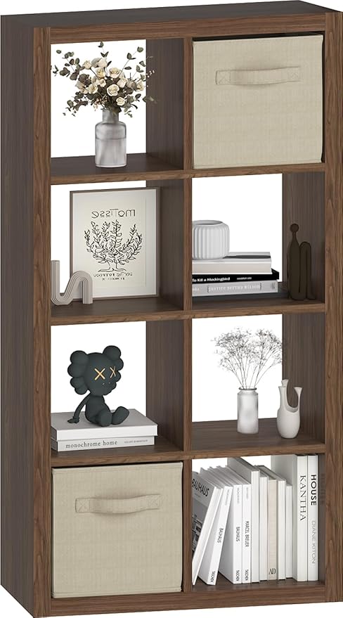 Bookshelf Cube Storage Organizer, 8-Cube Shelf Bookcase with Storage Bin, Modern Wood Open Shelf for Living Room, Bedroom, Home Office, Classic Oak
