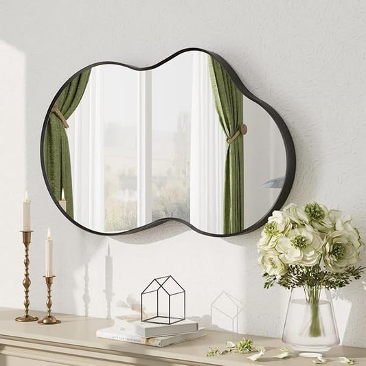 20x32 Black Irregular Wall Mirror, Black Asymmetrical Mirror with Aluminum Alloy Frame for Bathroom Bedroom Entryway, Shatterproof, Anti-Rust(Horizontally/Vertically)