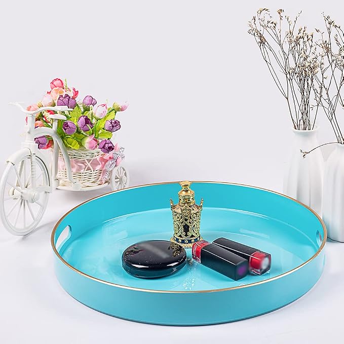 MAONAME 13-inch Light Blue Round Tray, Modern Decorative Tray for Coffee Table, Blue Serving Tray with Handles, Plastic Circle Tray for Ottoman, Bathroom, Decor