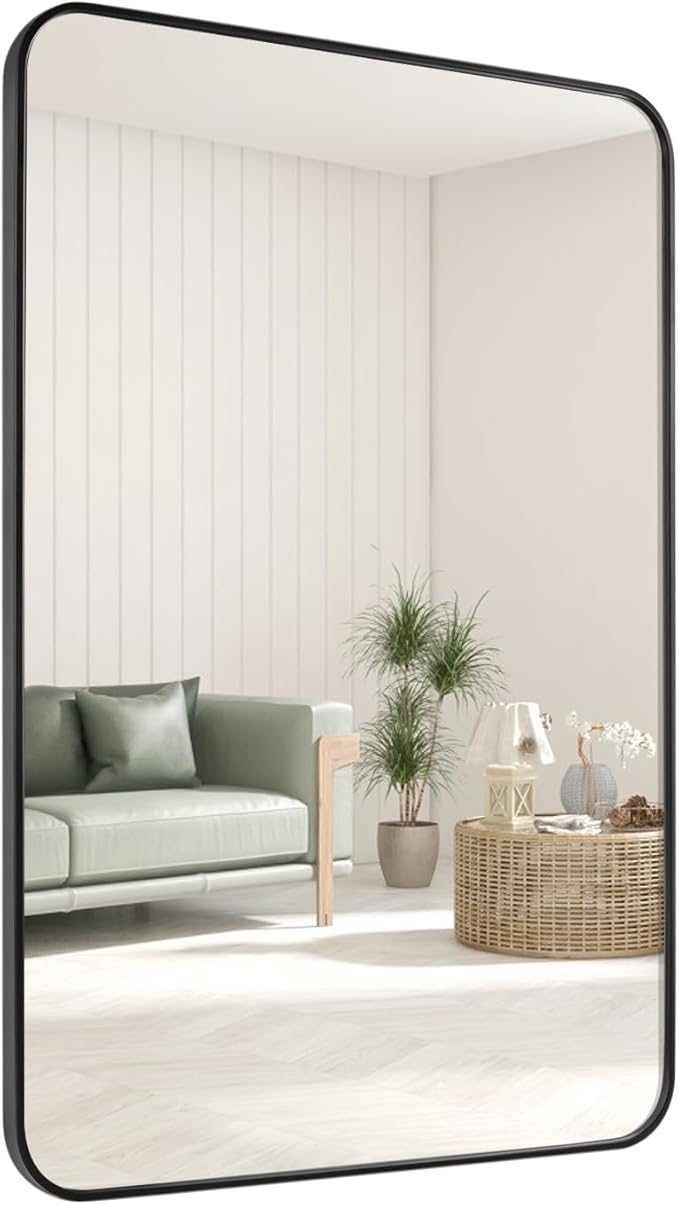 Black Bathroom Mirror 24X36 Inch Rounded Rectangle Wall Mirror Stainless Steel Metal Frame Vanity Mirror Anti-Rust for Entryway, Bathroom, Vanity, Living Room Hangs Vertically or Horizontally