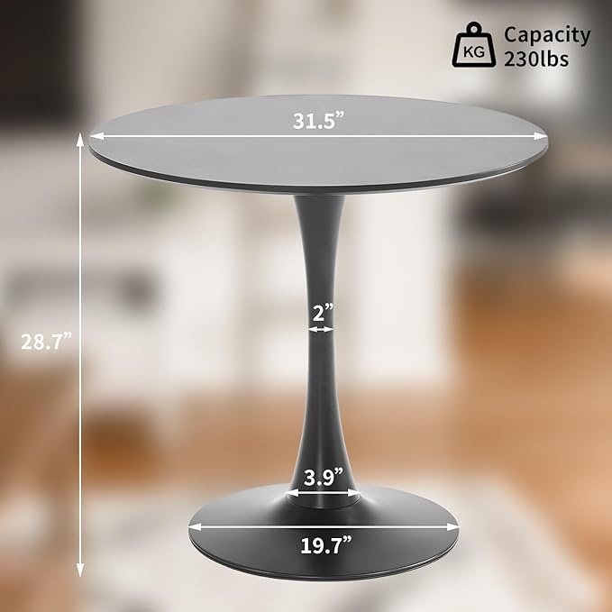 Black Round Dining Table, 31.5" Tulip Table Kitchen Round Dining Table for 2-4 People with MDF Table Top and Metal Pedestal Base, Mid-Century Leisure Table for Home, Dining Room, Cafe