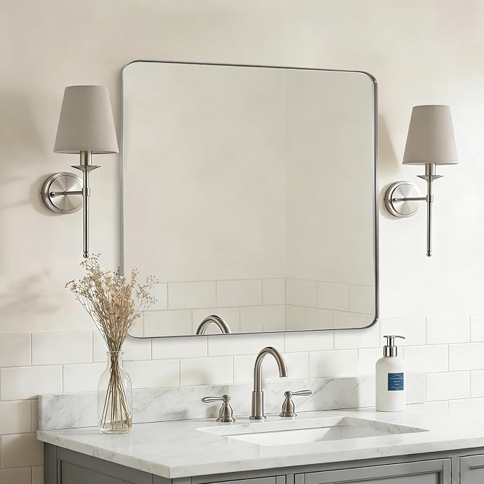 ANDY STAR Square Brushed Nickel Mirror for Bathroom, 24”x24” Silver Metal Frame Wall Mirror, Rounded Corner Stainless Steel Hangs Horizontal Or Vertical