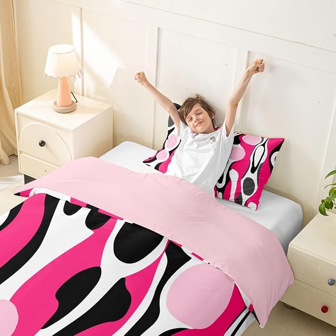 Erosebridal Organic Geometric Duvet Cover Set Modern Abstract Girl Toddler Bedding Set for Teen Boys Retro Mid Century Comforter Cover Modern Fluid Art Irregular Circles Bed Sets,Fuchsia Pink