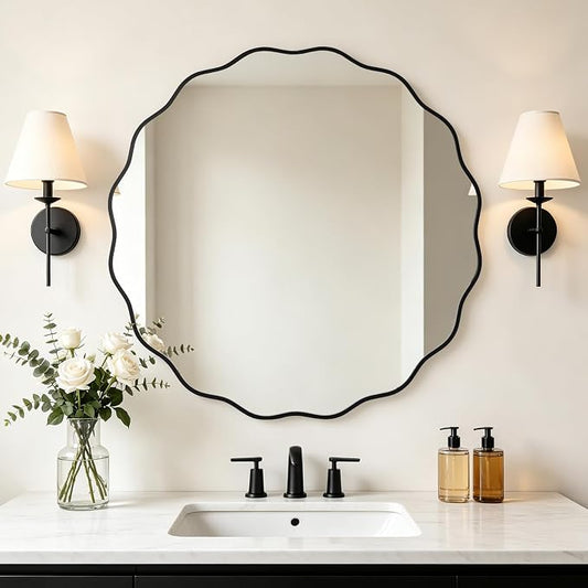 WallBeyond Round Wavy Mirror for Wall Decorative 36 inch, Modern Round Mirror Aluminum Frame for Bathroom Bedroom Living Room Home House Office Entryway, Black