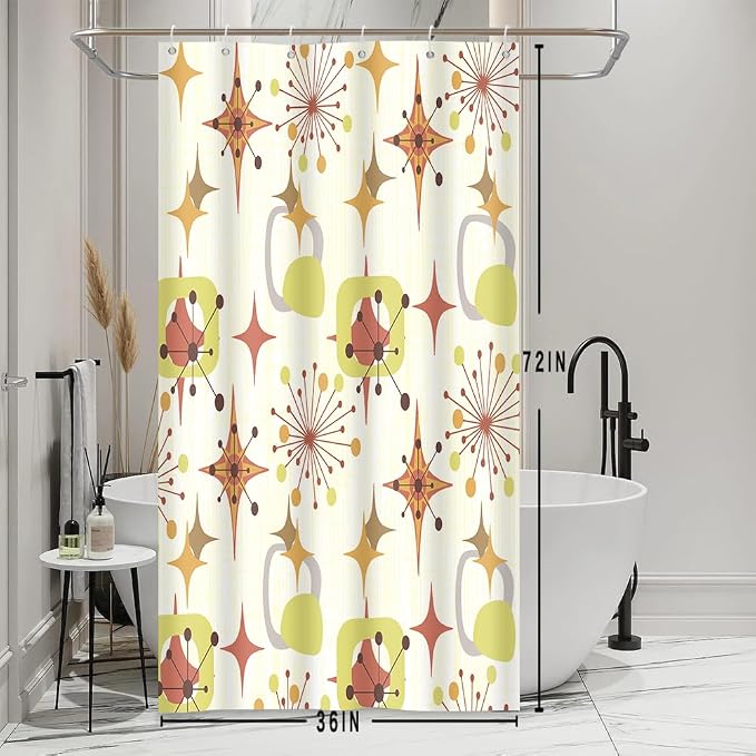 Mid Century Shower Curtain, 36x72inch, Modern Abstract Retro Yellow Striped Geometric Shower Curtain Sets 1950s Boho Bathroom Shower Curtain with 6 Hooks