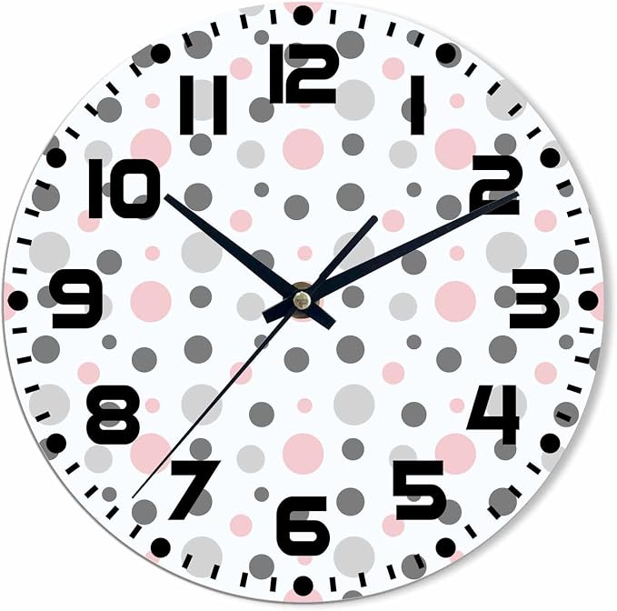 Polka Dot Pattern Wall Clock Pink Gray White Battery Powered Wall Clock Silent Non Ticking 10 Inch for Living Room, Kitchen, Home,Bathroom, Bedroom