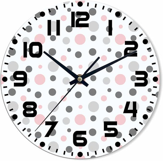 Polka Dot Pattern Wall Clock Pink Gray White Battery Powered Wall Clock Silent Non Ticking 10 Inch for Living Room, Kitchen, Home,Bathroom, Bedroom
