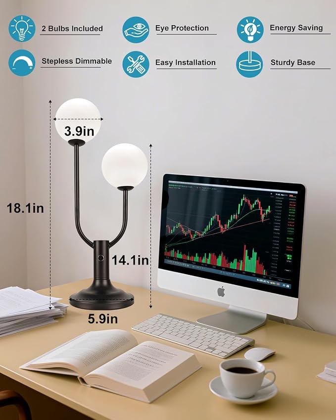 Lightdot 2-Globe Table Lamp for Bedroom Mid Century Modern Black Small Desk Lamp 3000K Warmwhite Dimmable Nightstands Lamp Bedside Table Lamp for Living Room Home Office