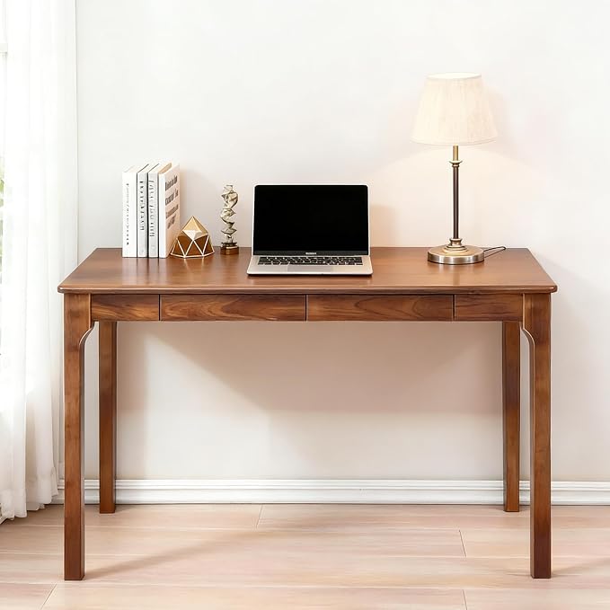 Small Solid Wood Computer Desk with Drawers, Home Office Desk with Storage for Small Spaces, Mid-Century Modern Study Writing Table for Bedroom, Living Room, Office, Gaming Room (Walnut)
