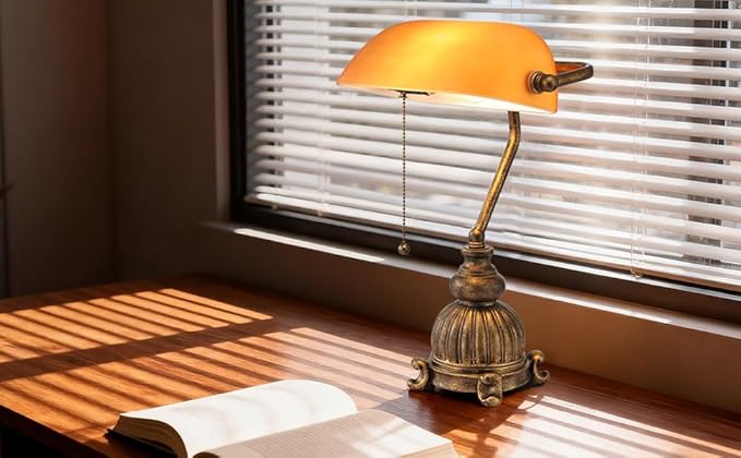 Retro Amber Glass Bankers Desk Lamp with Pull Chain Switch for Home Office, Library, Plug in Fixture, LED Bulb Included