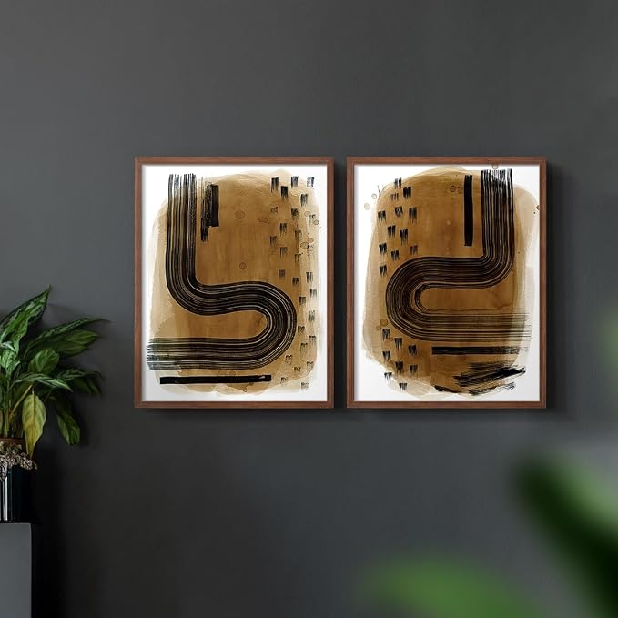 Renditions Gallery Set of 2 Peel & Stick Framed Prints, Abstract Wall Art, Hand Drawn Ink Curves Wall Decor, Re-Stickable - Ready to Hang - 22"x28" - Walnut Frame LT588