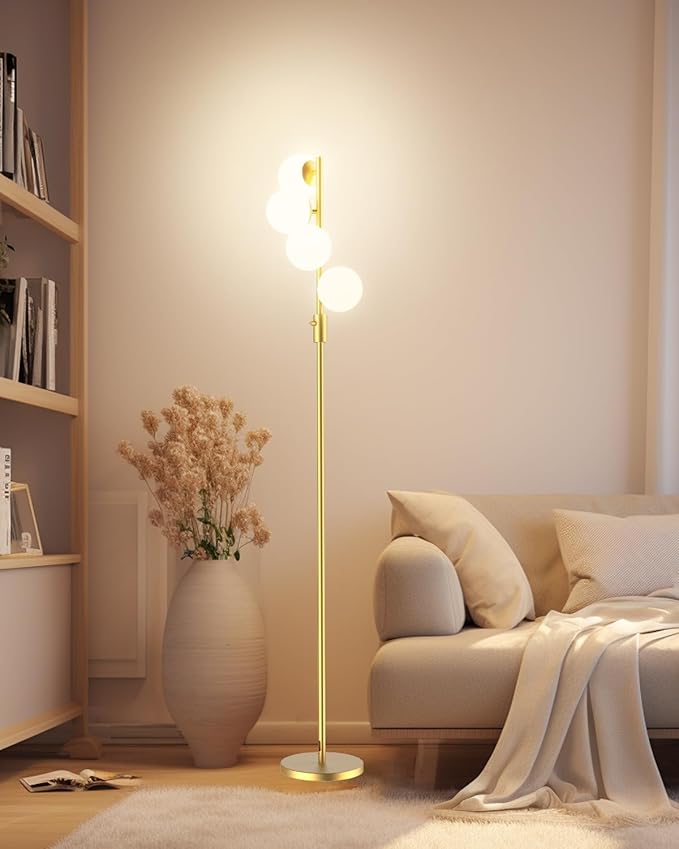 Lightdot 64IN Dimmable Globe Floor Lamp, Modern Gold Standing Lamps with 4PCS 3000K Bulbs Included Soft Warm White Eye Care, Mid Century Floor Lamp for Living Room/Bedroom/Sofa Beside/Corner Decor