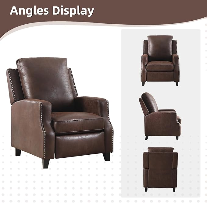 Push Back Recliner Chair Faux Leather Pushback Armchair with Rivet Decoration Wingback Single Sofa Chair with Padded Seat Solid Wood Legs for Living Room, Comfy Upholstered, Reddish Brown