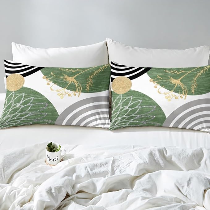 Erosebridal Boho Mid Century Twin Comforter Cover for Women Men Adults | Minimalist Modern Duvet Cover Green and White Geometric Bed Set Aesthetic Modern Abstract Bedding Set