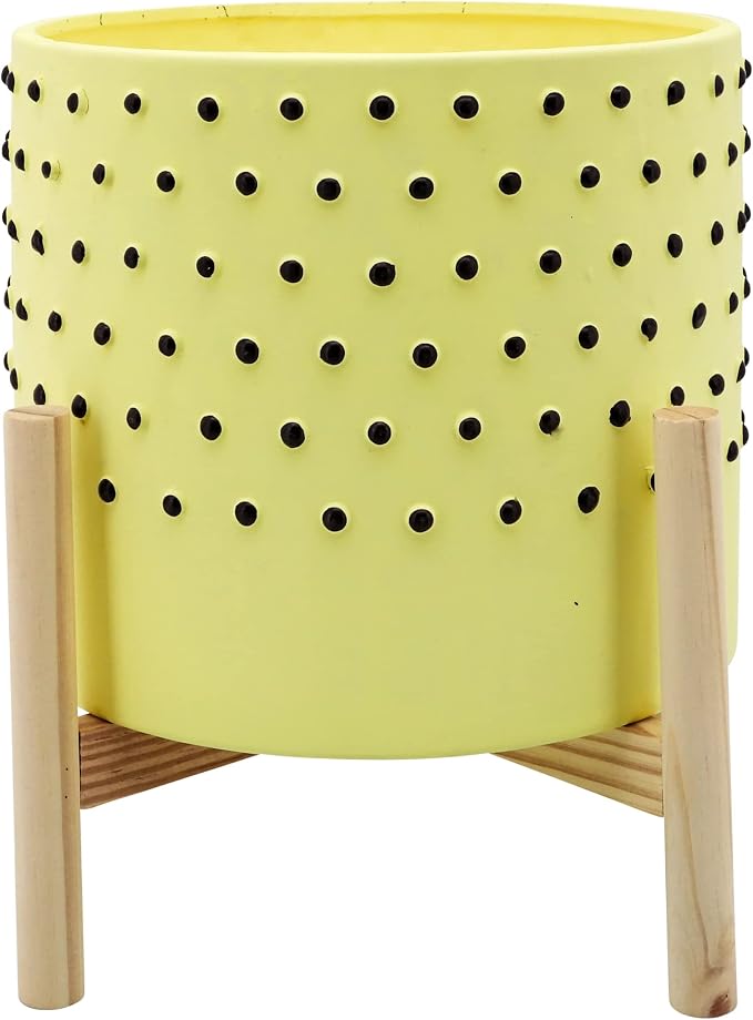 Ceramic Planter with Wooden Stand – Indoor or Outdoor Plant Stand for Living Room or Patio – Dotted Contemporary Design for Home Decor – Planter for Stylish Spaces – 10", Yellow & Black