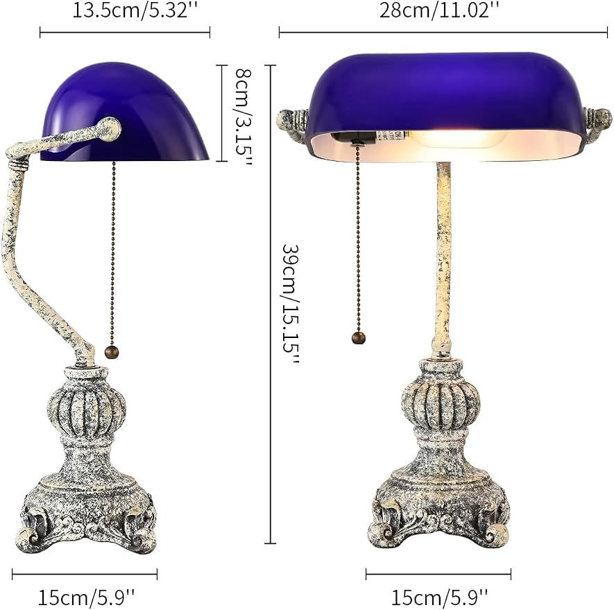 Retro Blue Glass Bankers Desk Lamp for Home Office,Library with Pull Chain Switch Plug in Fixture, LED Bulb Included