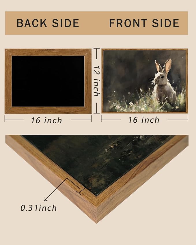 ARPEOTCY Vintage Framed Canvas Wall Art, Cute Bunny Wall Art for Living Room Bedroom, Rustic Moody Rabbit Spring Painting Pictures Home Decor for Easter Decoration (12x16 Inch)