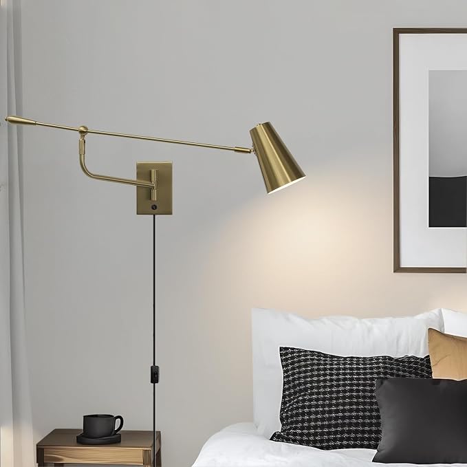Rotatable Activity Adjustable Direction Swing Arm Wall Lamp, Dual Power Modes Plug-in/Hardwired, Indoor Large Gold Wall Mounted Lights for Bedroom Living Room Dining Room, E26 Bulb