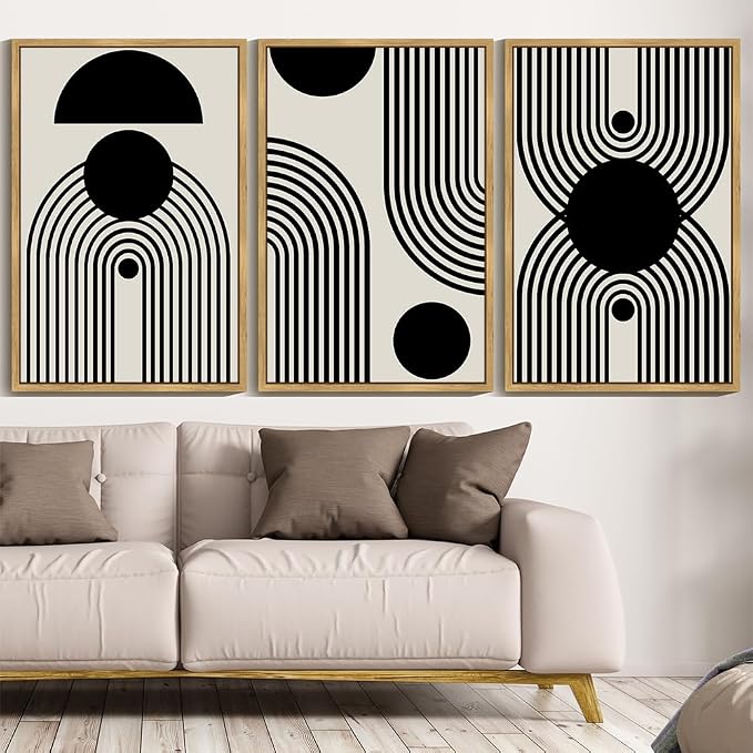 Drsoum Large 24x36in Black and White Abstract Framed Wall Art Decor Duotone Minimal Dark Brush Stroke Prints Shapes Illustrations Modern Art Decorative Ready To Hang - Natural Framed