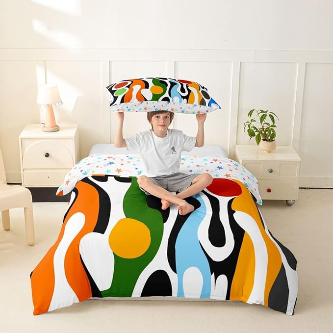 Erosebridal Organic Geometric Duvet Cover Set Modern Abstract Girl Toddler Bedding Set for Young Boys Retro Mid Century Comforter Cover Modern Fluid Art Irregular Circles Bed Sets,Multicolor Rainbow