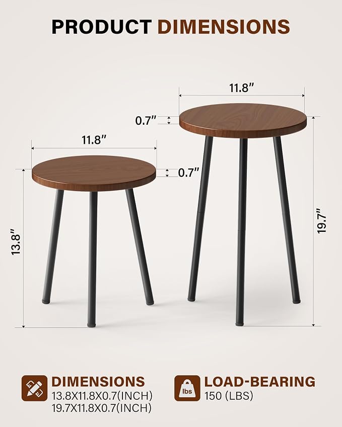 2 Pack Plant Stand Set: Tall and Short Round Wood Grain Plant Tables with Metal Legs - Indoor Outdoor Side Tables for Living Room, Bedroom, Patio, Balcony, Brown, 150 lbs Capacity(Walnut)