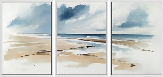 SIGNWIN Framed Canvas Print Wall Art Set Coastal Beach Horizon Blue and Tan Seascape Illustrations Modern Art Decorative Boho Relax/Zen Nordic for Living Room, Bedroom, Office - 24"x36"x3 White