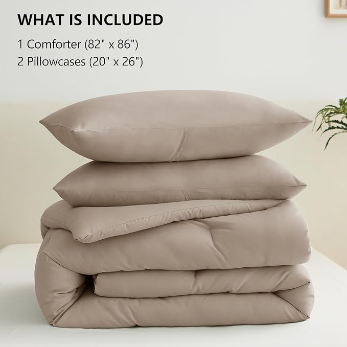 CozyLux Full Size Comforter Set Khaki, 3 Pieces Lightweight Down Alternative Quilted Bedding Sets, All Season Soft Breathable Solid Comforter with 2 Pillowcases, Luxury Bed Set Gift for Home
