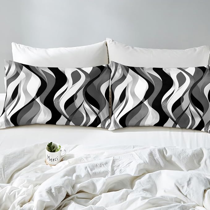 Grey Black Stripes Duvet Cover Set Toddler Size,Abstract Geometric Comfy Striped Waves Bedding Set,Boys Girls Room Decor,Minimalist Art Style Comforter Cover,Chic Quilt Cover,1 Pillowcase(No Filler)