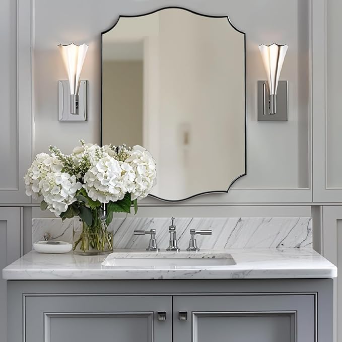 ANDY STAR Brushed Nickel Mirror, 24x32 Inch Unique Mirror for Bathroom, Silver Bathroom Vanity Mirror, Modern Curved Design, Rust-Proof Stainless Steel Metal Frame