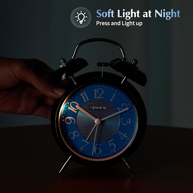 Rjuwurv 4" Twin Bell Alarm Clock with Night Light - Desk & Bedroom Alarm Clock (Midnight Blues)