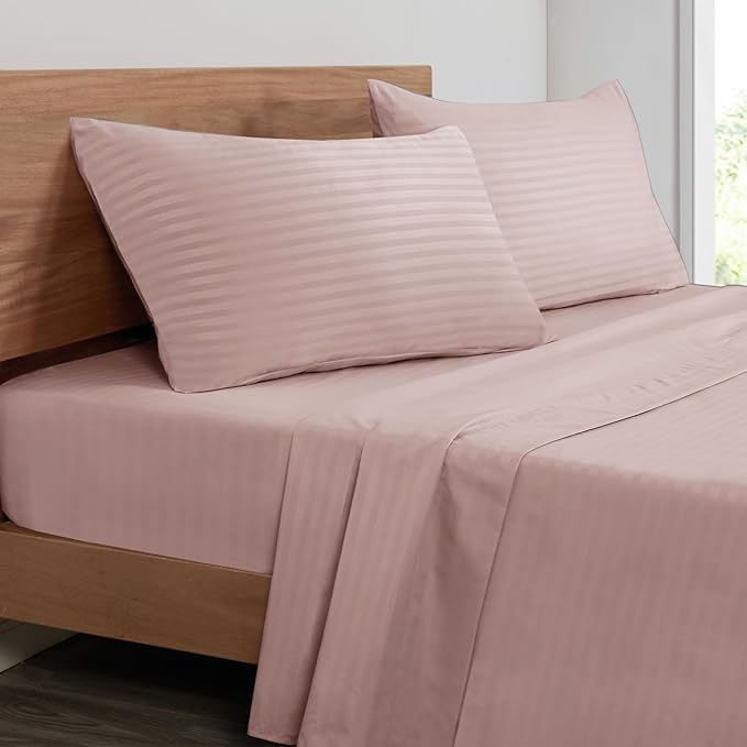 Mejoroom Striped Queen Size Sheet Set - Hotel Luxury 1800 Bedding Sheets & Pillowcases - Deep Pocket Fitted Sheet, Soft, Breathable, Wrinkle & Fade Resistant - 4 Piece (Dusty Pink)