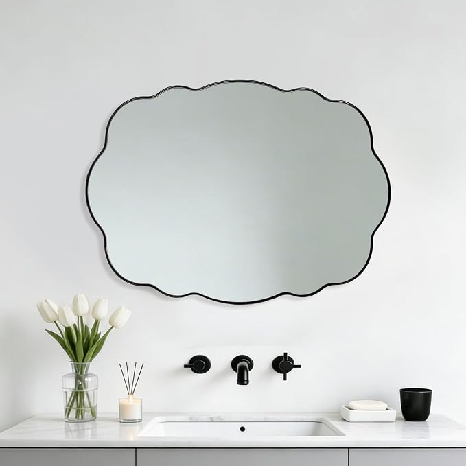ANDY STAR Matte Black Wavy Oval Wall Mirror -26x38 Inch Scalloped Mirror for Bathroom, Living Room & Entryway, Anti Rust Stainless Steel Wall Mount Horizontal or Vertical
