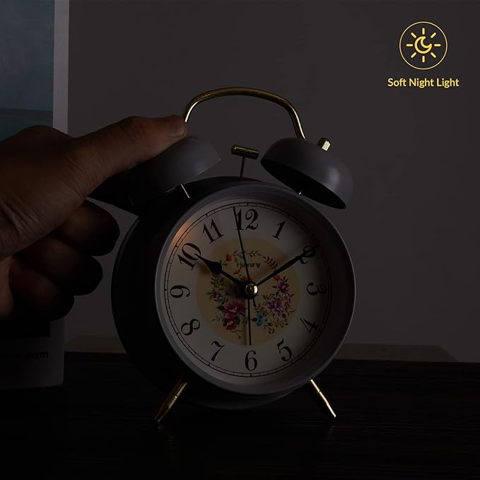 rjuwurv 4in Loud Alarm Twin Bell Alarm Clock, Night Light, Desk Clock, Bedroom Alarm Clock (Gray Rural)