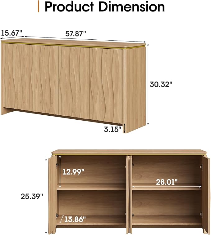 Vabches Fluted Buffet Cabinet with Storage, 3D Ripple Pattern Doors and Curved Edges, Modern Sideboard for Kitchen, Entryway, 4 Doors & Adjustable Shelf, Natural Wood, 57.9" W