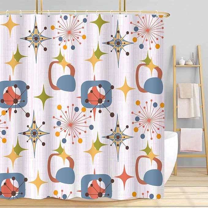 Mid Century Shower Curtain, 72x84inch, Modern Abstract Retro Pink Striped Geometric Shower Curtain Sets 1950s Boho Bathroom Shower Curtain with 12 Hooks