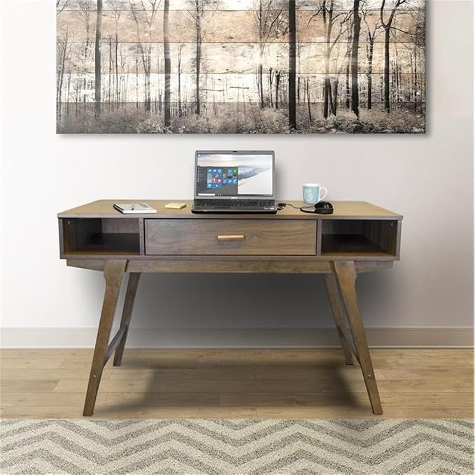 OS Home and Office Model Mid Century One Drawer and Sturdy Legs Desk, Brown