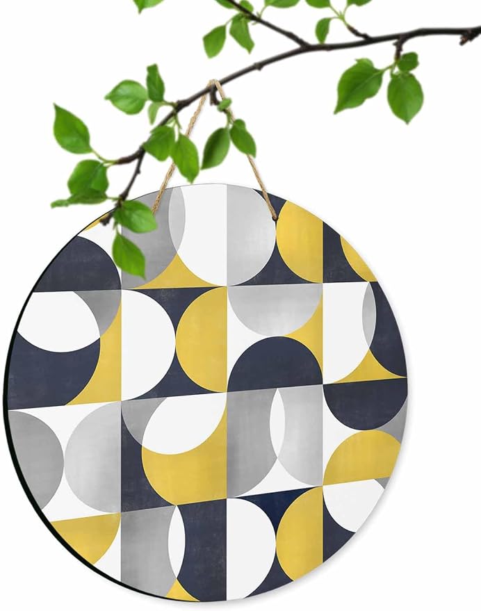 Welcome Sign for Front Door Mid Century Geometric Wood Door Hanger for Outdoor Outside Porch,10 Inch Round Wooden Wreath Indoor Wall Hanging Decoration, Abstract Modern Yellow