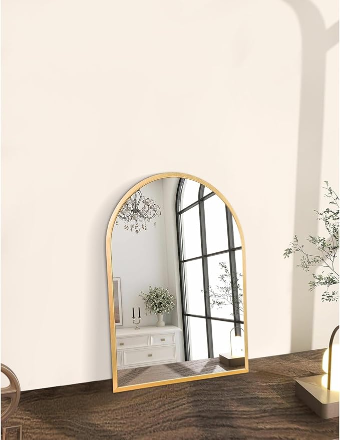 Wall Mirror Arched Bathroom Mirrors, Aluminum Alloy Frame Hanging Vanity Mirror for Living Room Bedroom Entryway Vanity, Brushed Metal Framed Wall Mounted Mirror Gold 16"x12"