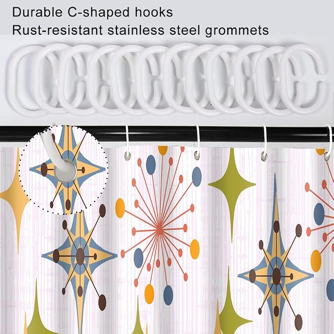 Mid Century Shower Curtain, 60x72inch, Modern Abstract Retro Pink Striped Geometric Shower Curtain Sets 1950s Boho Bathroom Shower Curtain with 10 Hooks