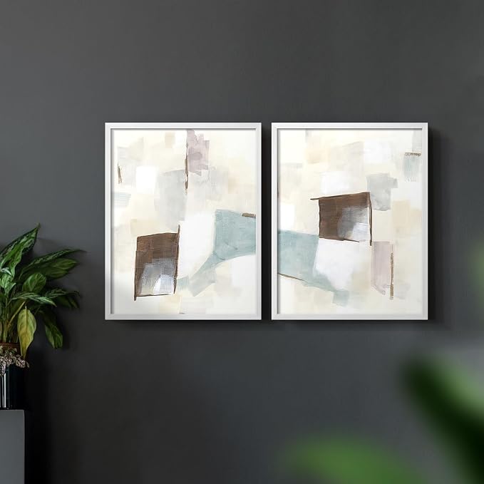 Renditions Gallery Set of 2 Peel & Stick Framed Prints, Abstract Wall Art, Minimalist Color Block Brush Strokes Wall Decor, Re-Stickable - Ready to Hang - 11"x14" - White Frame LT588