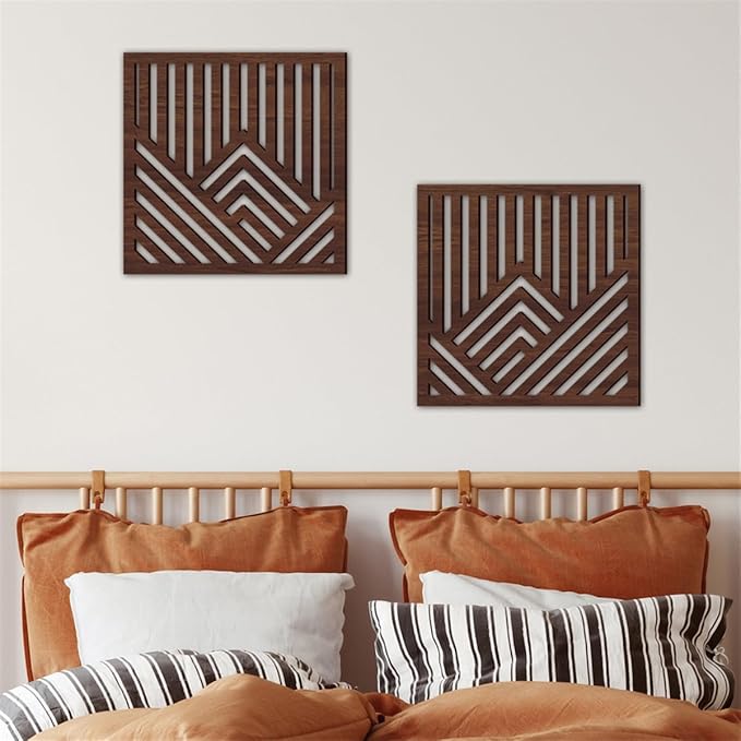 Geometric Mountain Wood Wall Art Decor, 2 Pcs Modern Mountain Wall Sculptures Wooden Square Hanging Abstract Panels, 3D Square Hollow Wood Art Wall Decor for Home Office Living Room Bedroom (Brown)