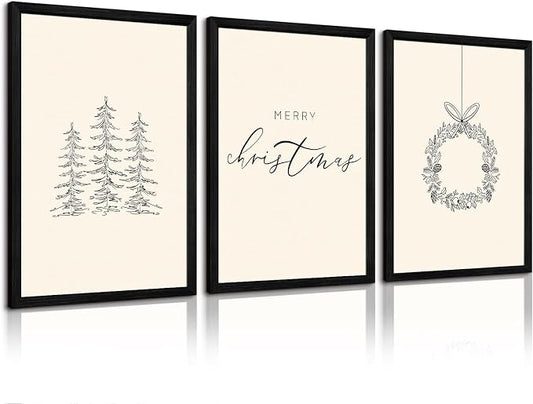 Christmas Wall Art Winter Xmas Canvas Decor Christmas Tree Picture Merry Christmas Wall Art Minimalist Vintage Painting Beige Farmhouse Prints Holiday Poster for Bathroom 12x16x3 Inch Framed