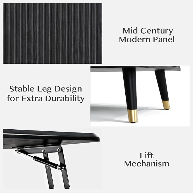 Lift Top Coffee Table with Storage, Mid Century Modern Rectangular Center Table, Fluted Design with Hidden Compartment, Rising Desk for Work from Home, Living Room Furniture, Black Finish