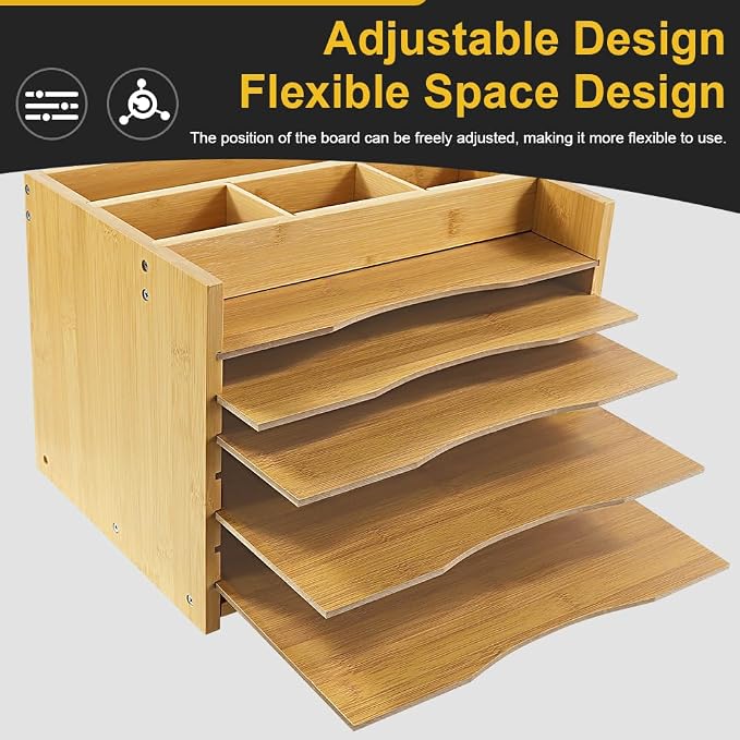WKWKER 5-Tiers Bamboo File Organizer Paper Organizer Mail Sorter Document Letter Trays Desk Organizer with 4 Dividers for Office Home Study Desk Storage (Natural Color)